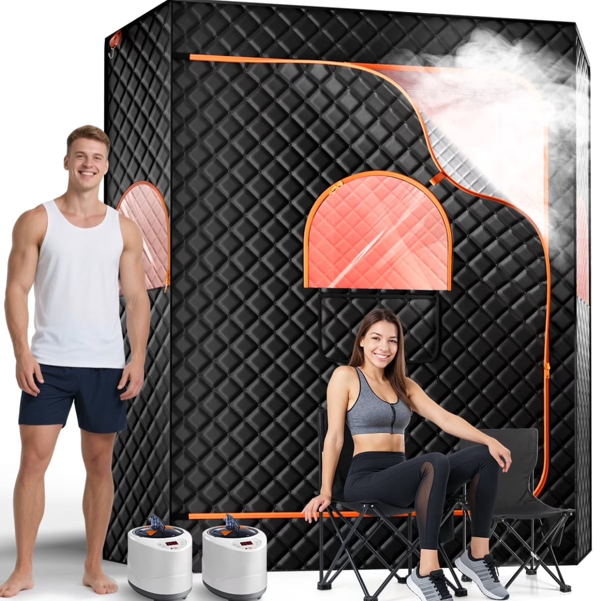 2 Person Extra Large Sauna Tent, Portable Steam Sauna Box with 2 Steamers, 2 Folding Chair, Timer Remote Control, 74"H X 69"W X 32.5"D