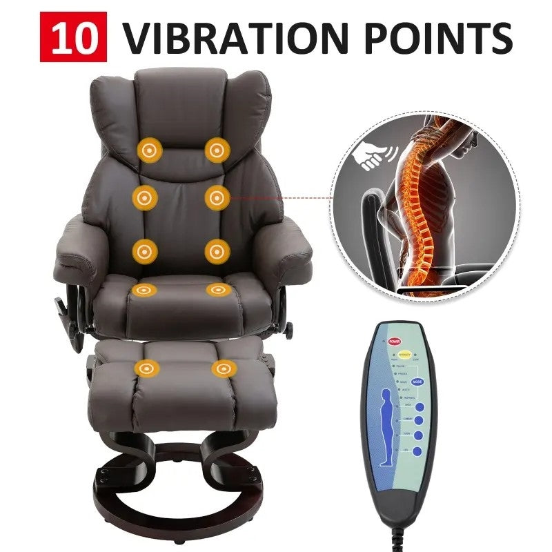 Brown Faux Leather Massage Recliner with Ottoman | 5 Modes | 145° Recline