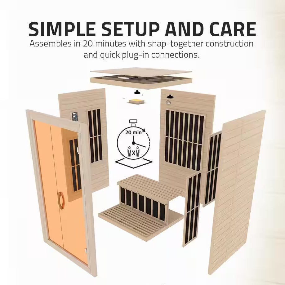 Home Sauna Room 2-Person Indoor Hemlock Wooden Infrared Indoor Sauna Spa with Bluetooth Digital Control Panel