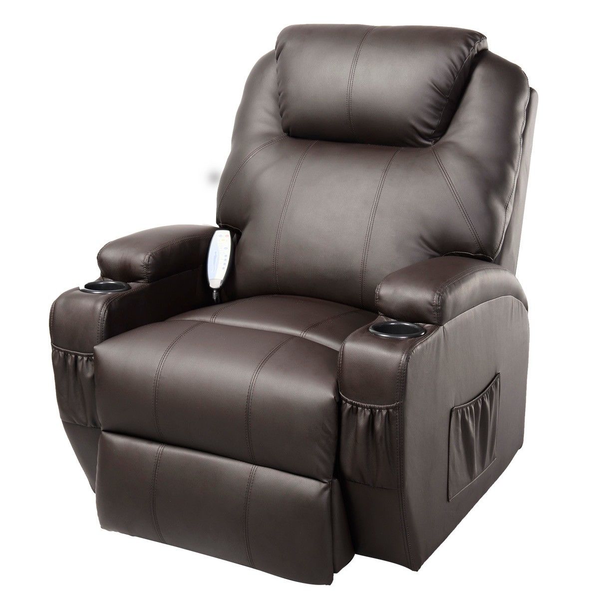 Brown Heated Massage Recliner Chair | 8 Vibration Nodes | Cup Holders + Folding Footrest