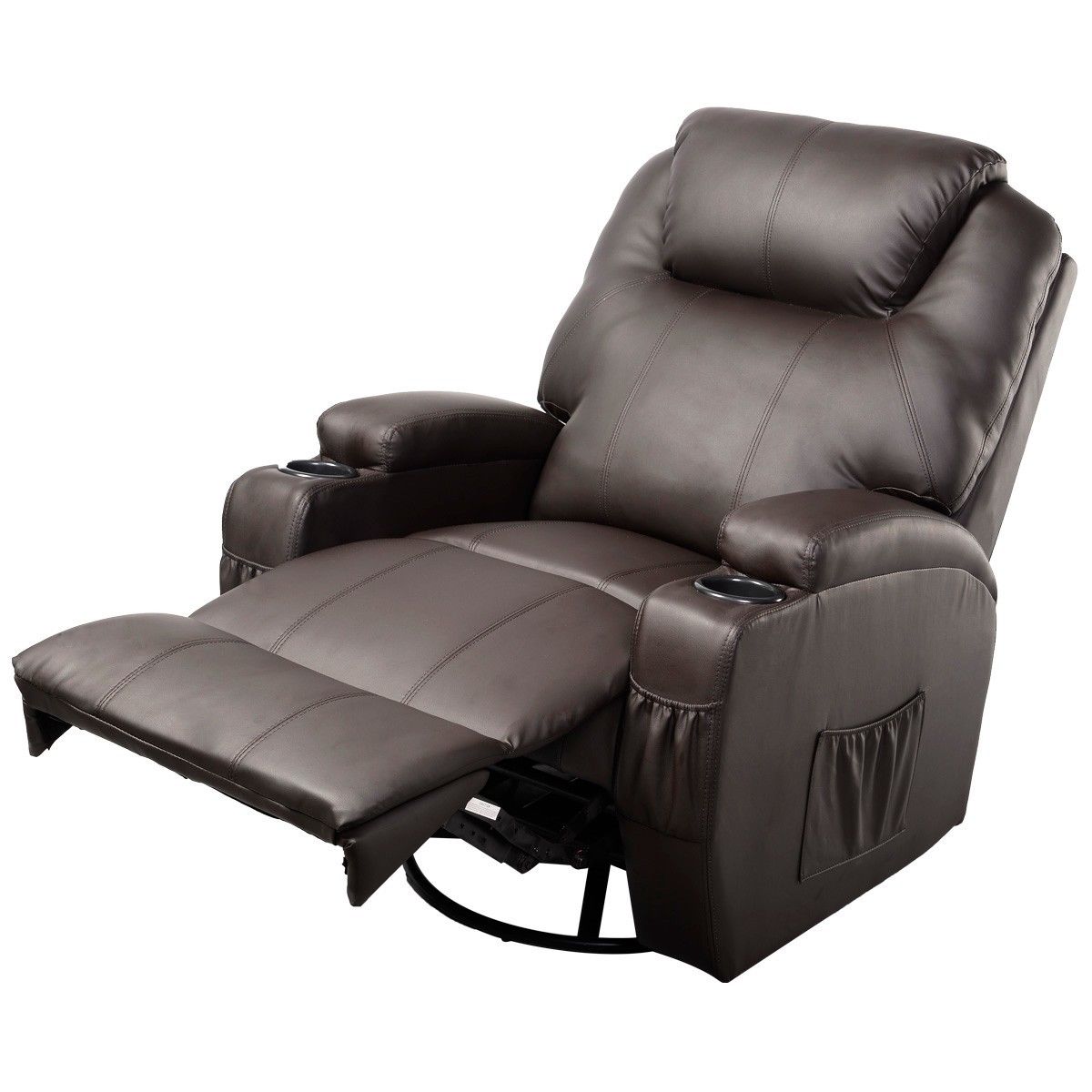 Brown Heated Massage Recliner Chair | 8 Vibration Nodes | Cup Holders + Folding Footrest