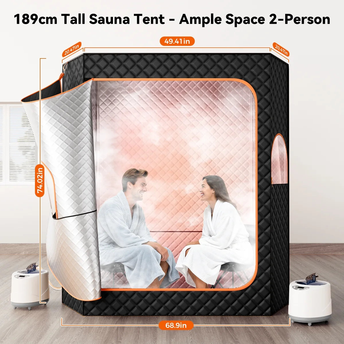 2 Person Extra Large Sauna Tent,  Portable Steam Sauna Box with 2 Steamers, 2 Folding Chair, Timer Remote Control, 74"H X 69"W X 32.5"D
