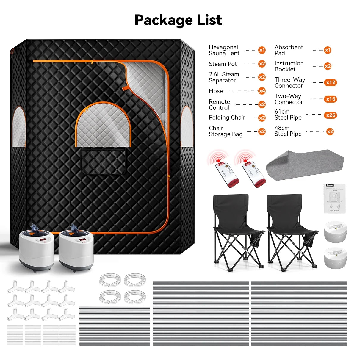 2 Person Extra Large Sauna Tent,  Portable Steam Sauna Box with 2 Steamers, 2 Folding Chair, Timer Remote Control, 74"H X 69"W X 32.5"D