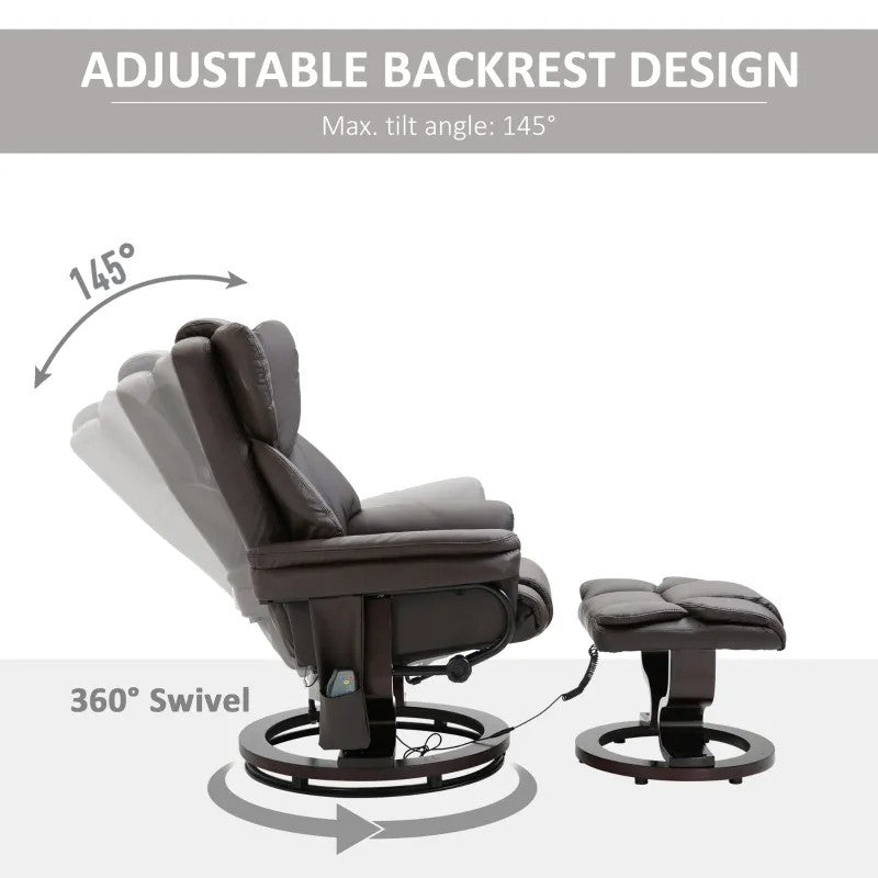 Brown Faux Leather Massage Recliner with Ottoman | 5 Modes | 145° Recline
