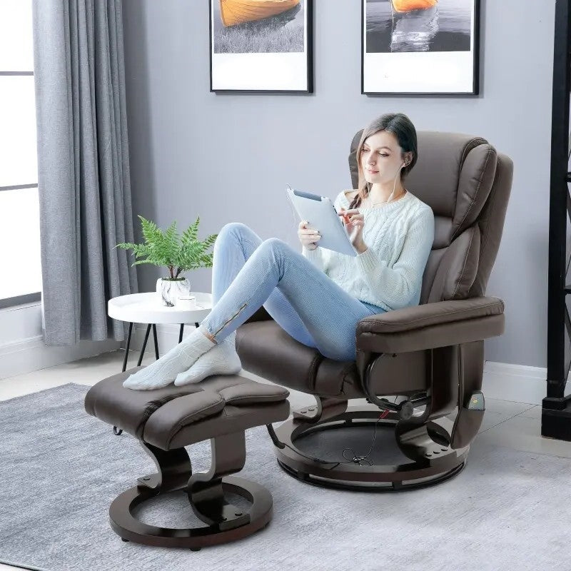 Brown Faux Leather Massage Recliner with Ottoman | 5 Modes | 145° Recline