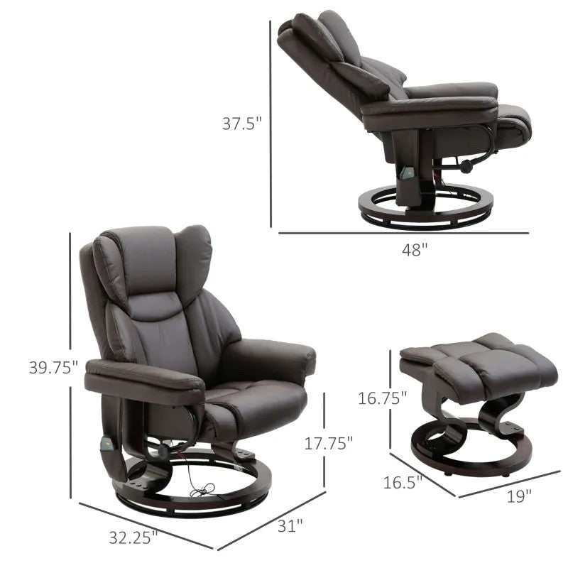 Brown Faux Leather Massage Recliner with Ottoman | 5 Modes | 145° Recline