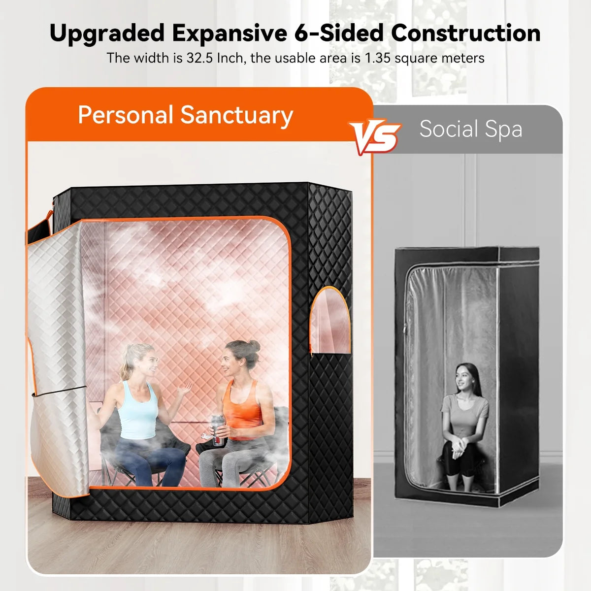 2 Person Extra Large Sauna Tent,  Portable Steam Sauna Box with 2 Steamers, 2 Folding Chair, Timer Remote Control, 74"H X 69"W X 32.5"D